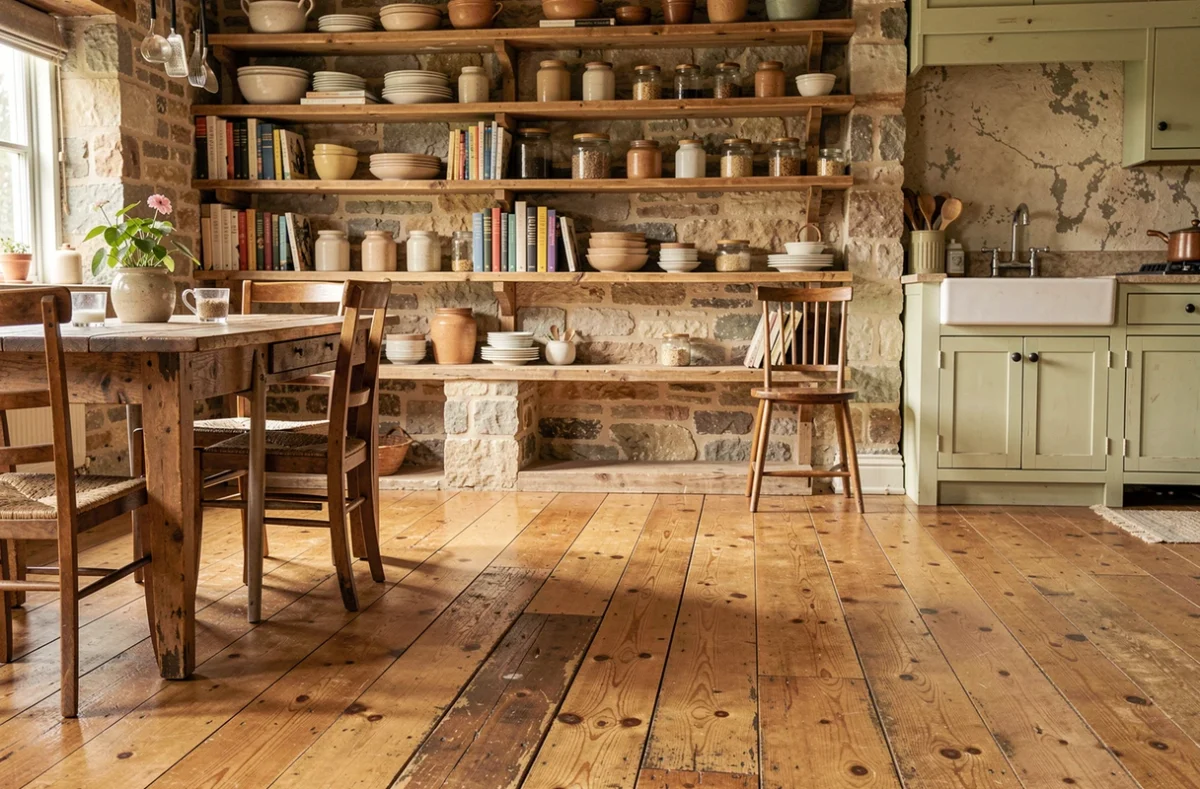 Cuisine rustique avec parquet pin ancien à larges lames et meubles en bois naturel