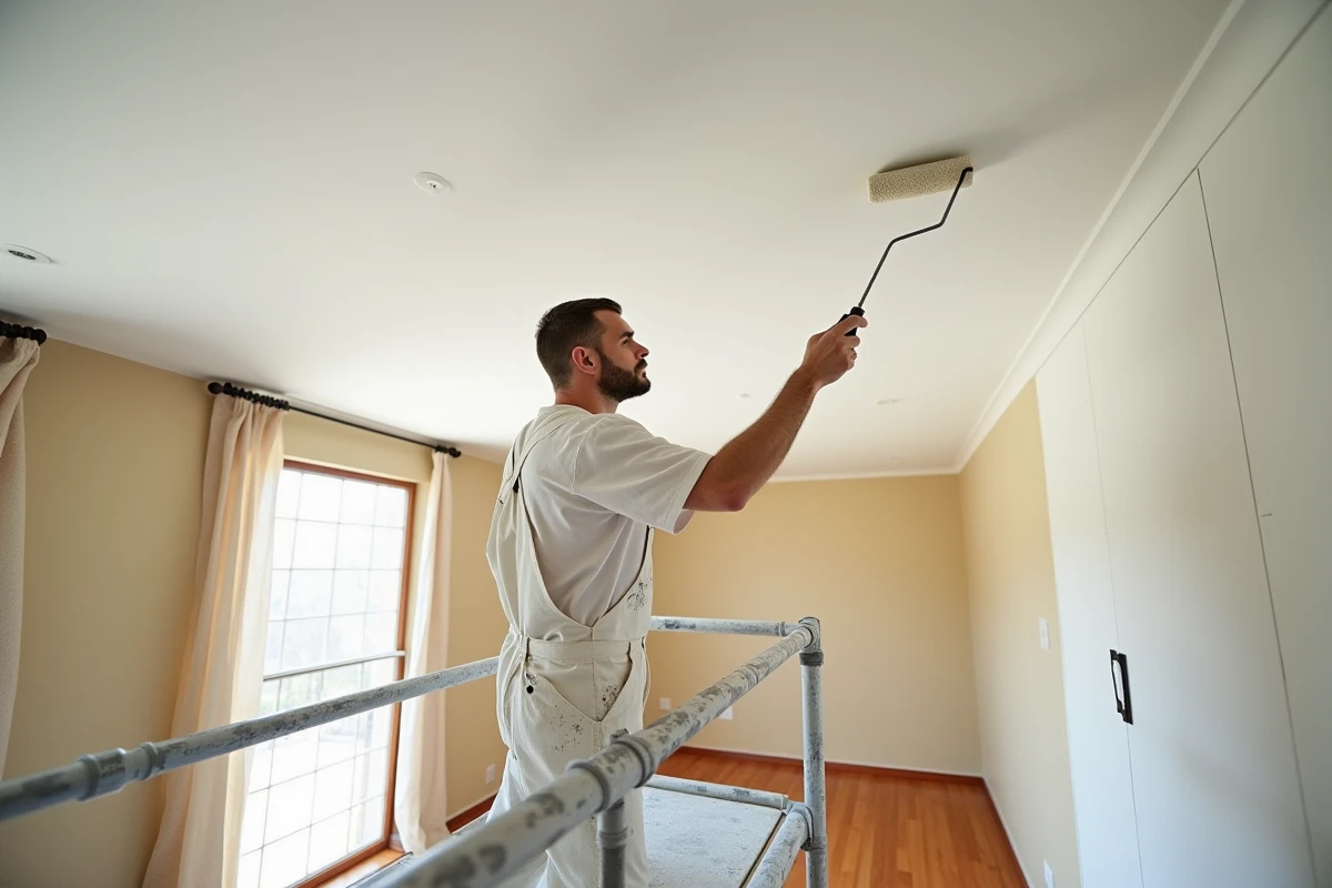 Peintre professionnel appliquant de la peinture blanche sur un plafond de 50m2 avec un rouleau à long manche depuis un échafaudage