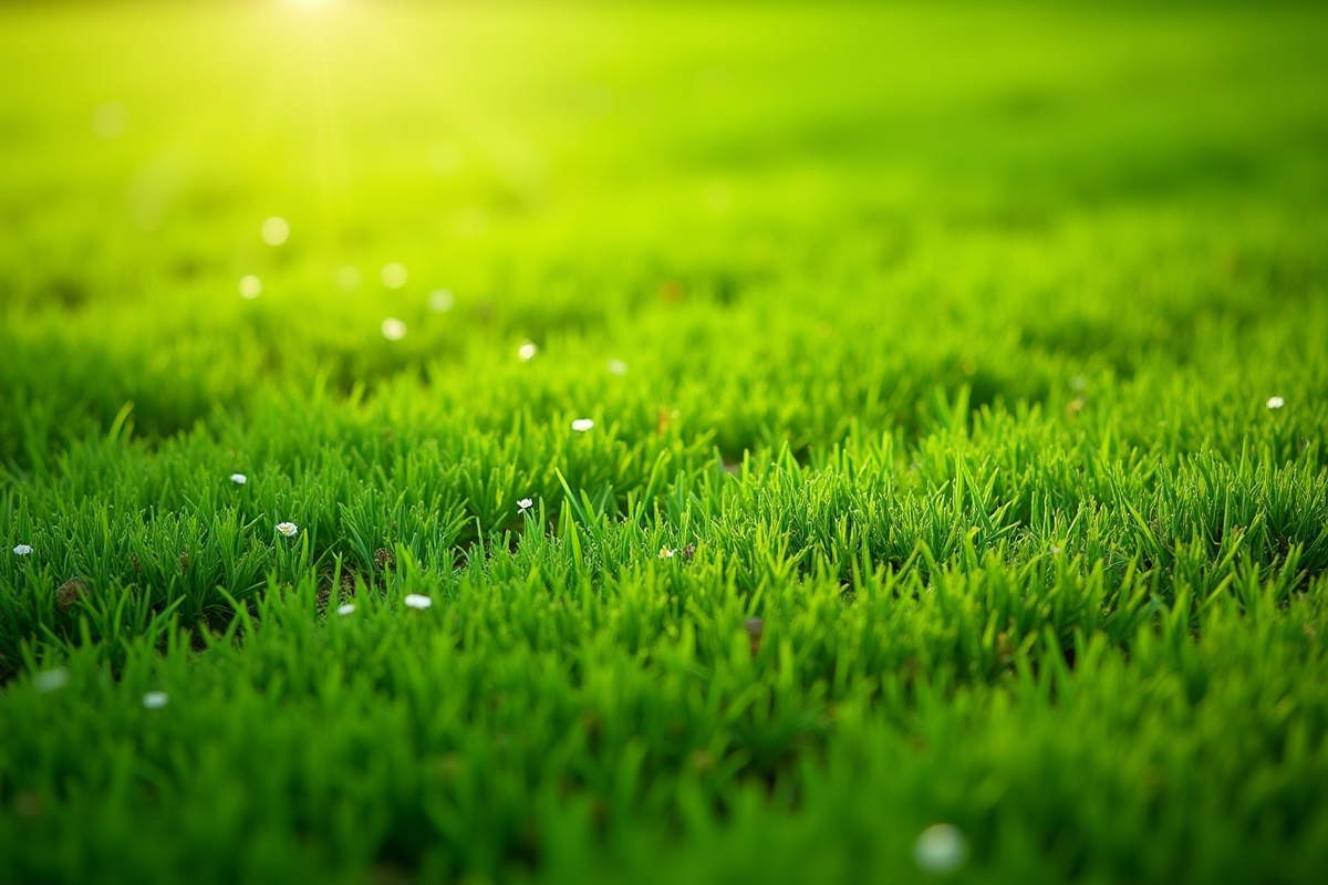 Gazon bien entretenu apres renovation avec rayures vertes et reflets du soleil