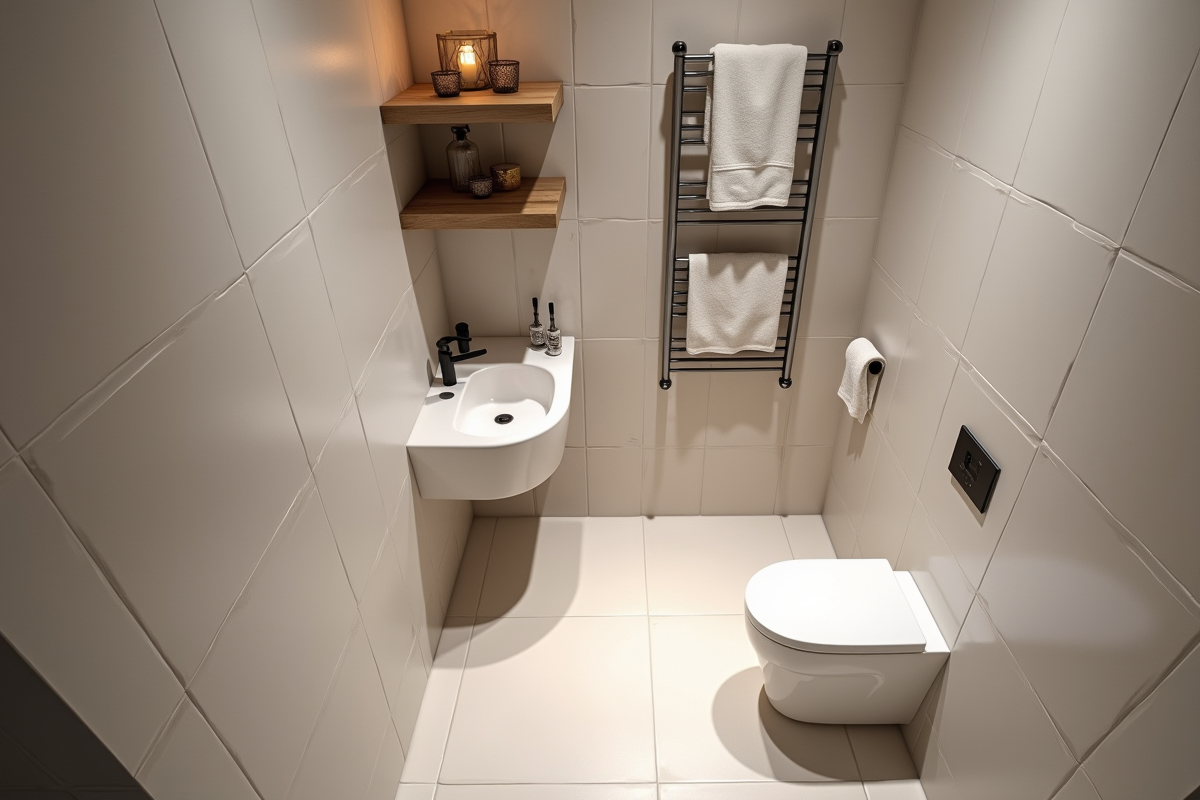 Petite salle de bain optimisée avec rangement mural