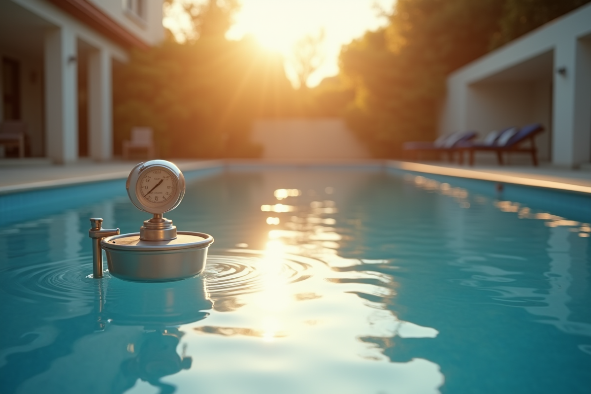 Piscine au lever du soleil avec panier de skimmer et minuterie