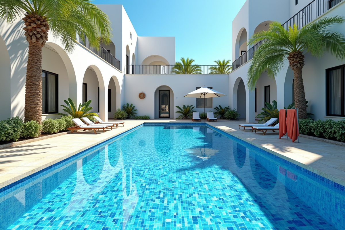 Espace piscine méditerranéen avec mosaïque bleue et blanche
