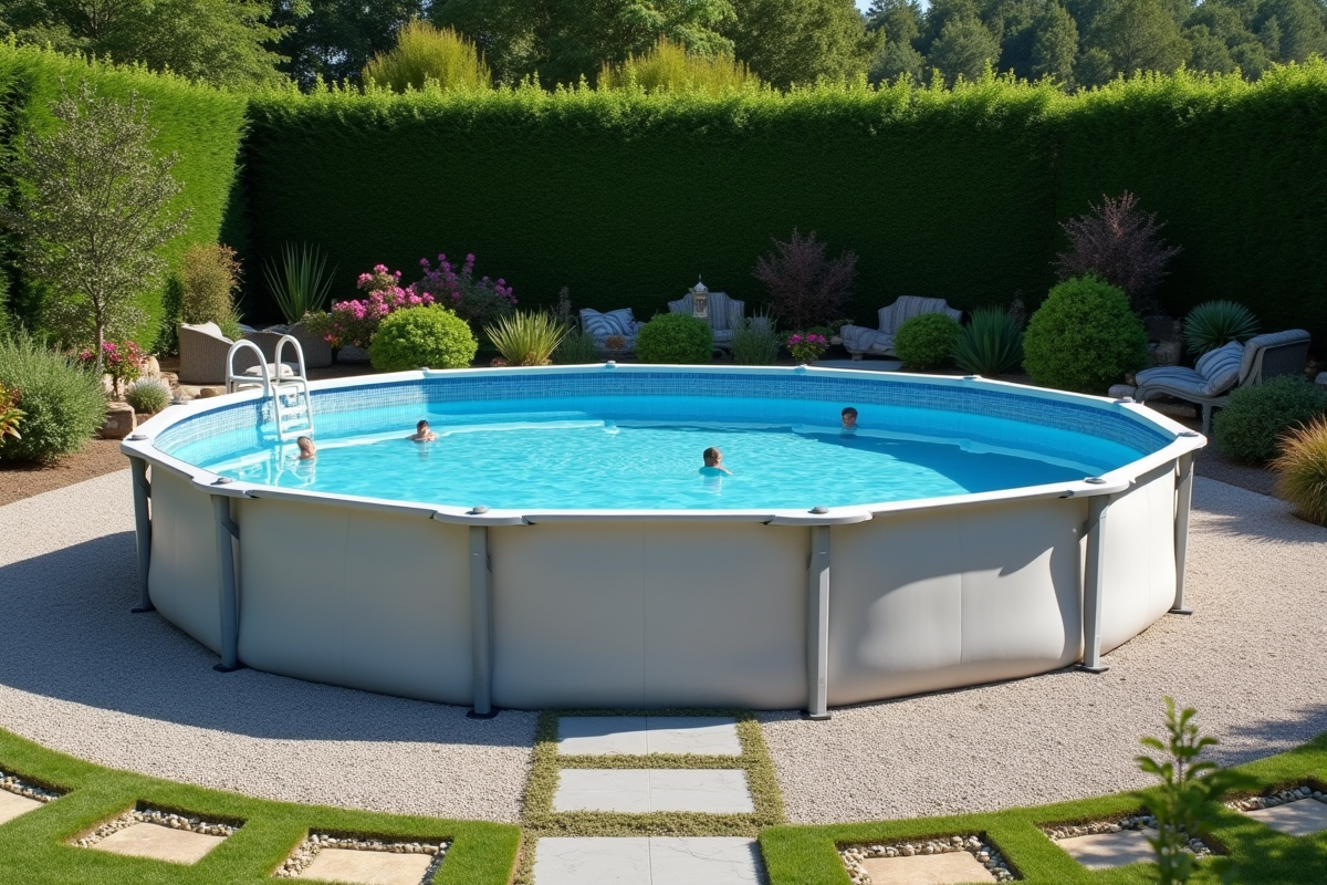 Piscine hors-sol sur surface gravier dans un jardin