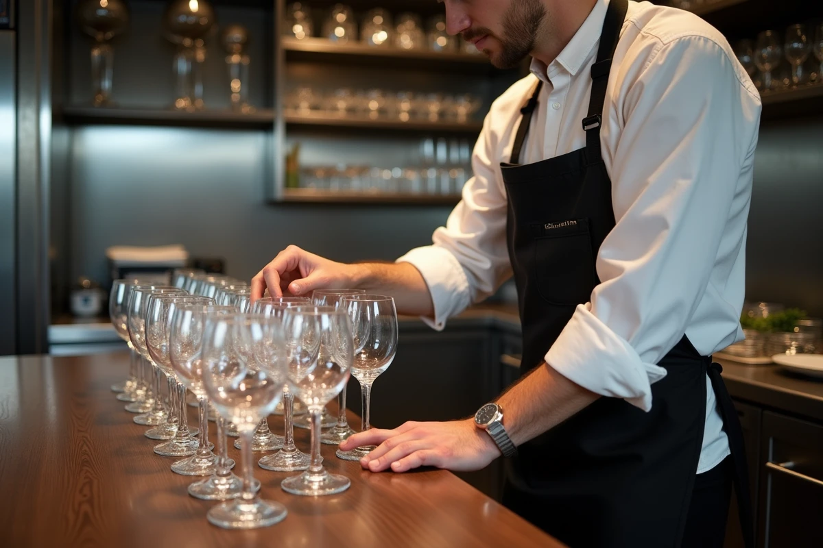 Professionnel de la restauration plaçant des verres en cristal en éventail sur un comptoir de buffet en bois sombre