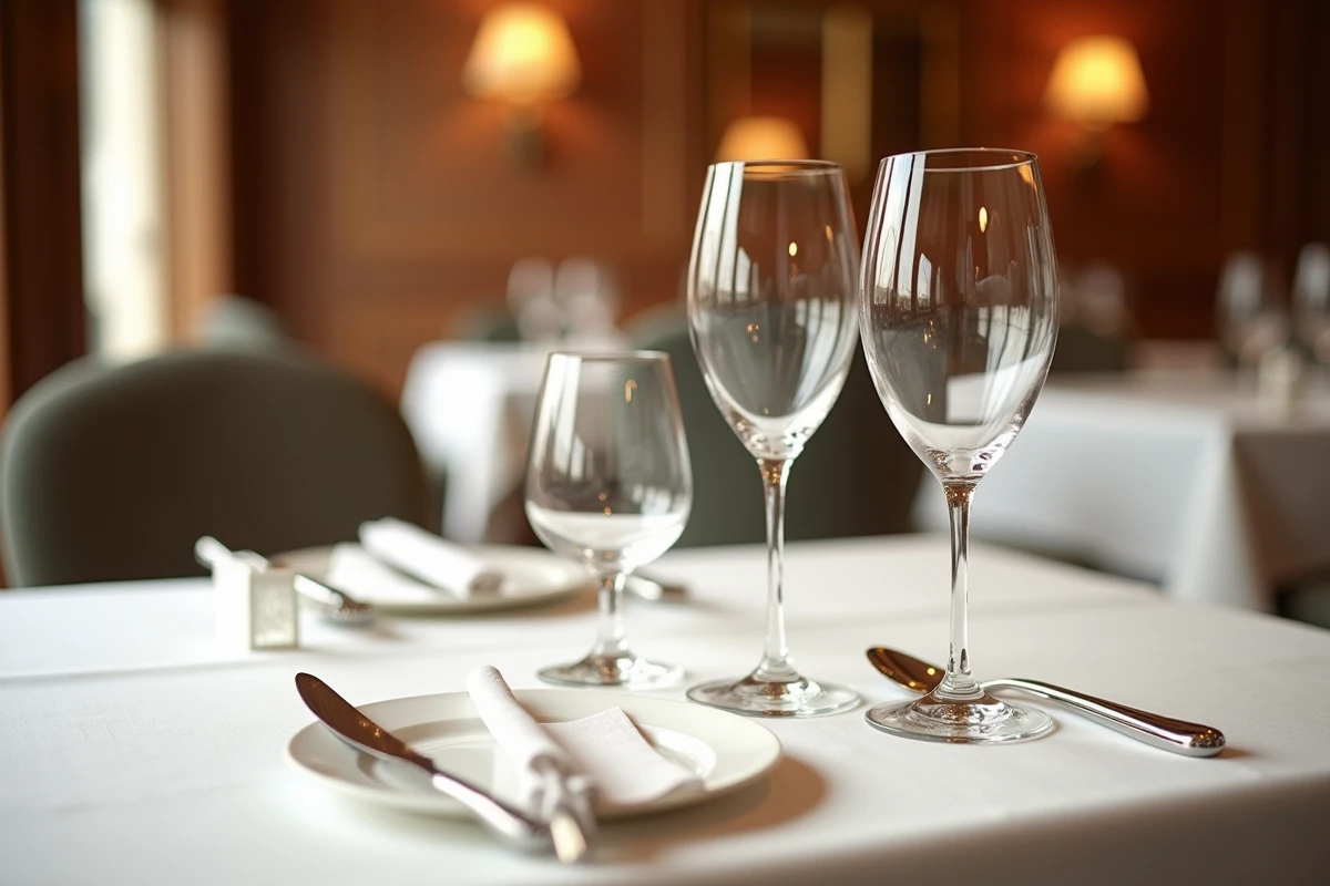 Placement classique des verres à eau, vin rouge, vin blanc et champagne sur une table de restaurant élégante dressée selon les règles du service français