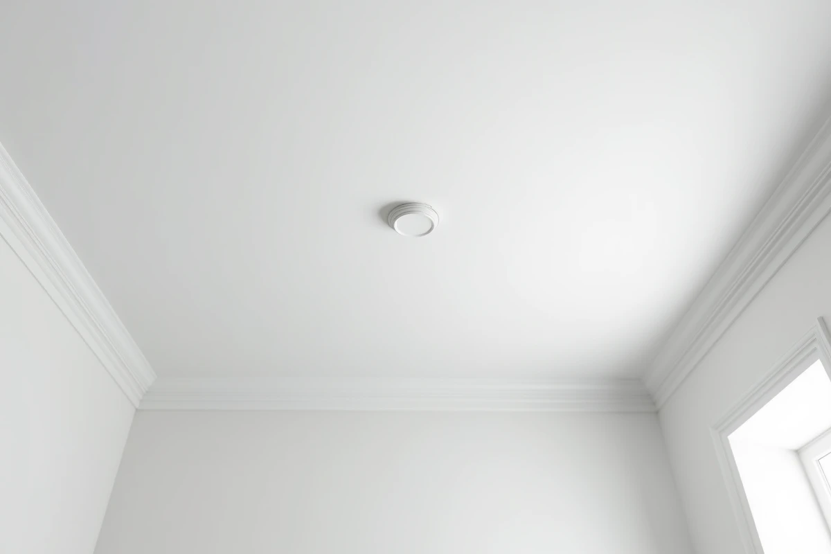 Plafond de 50m2 fraîchement peint en blanc mat dans un appartement moderne vide, finition lisse et uniforme