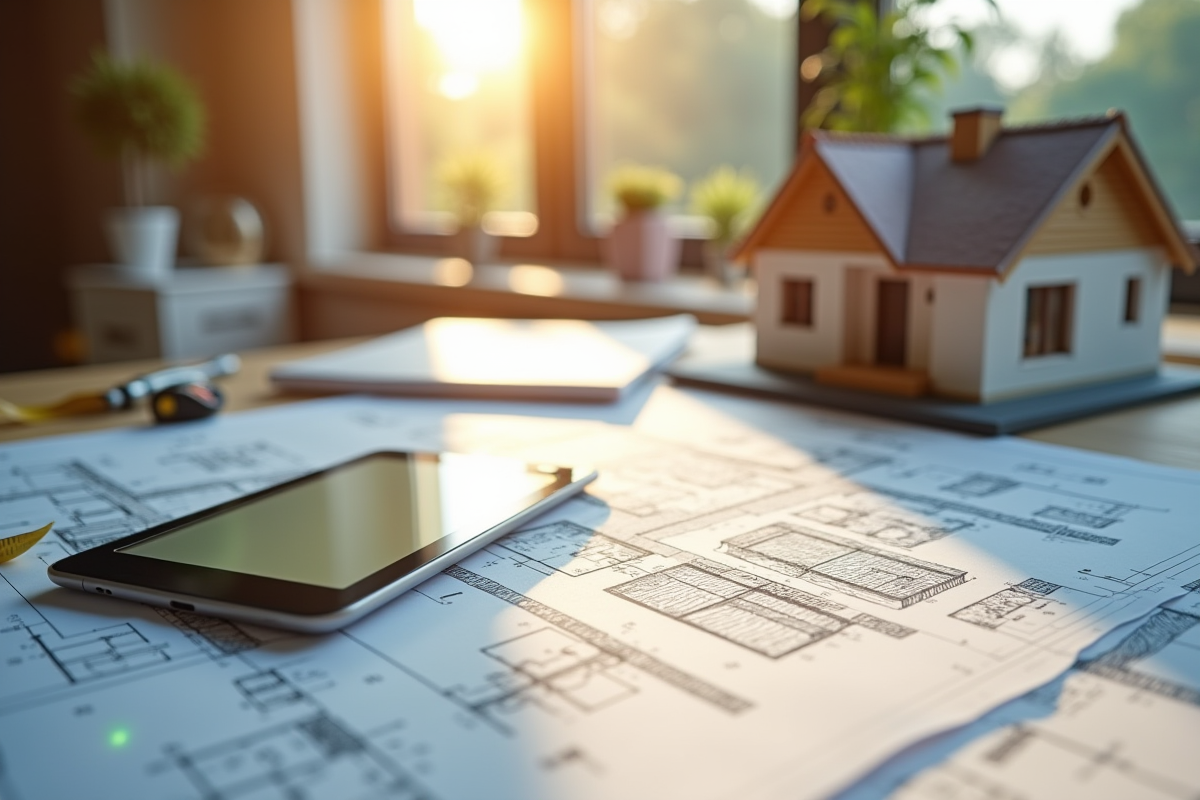 Plan d architecte avec maquette et outils de conception