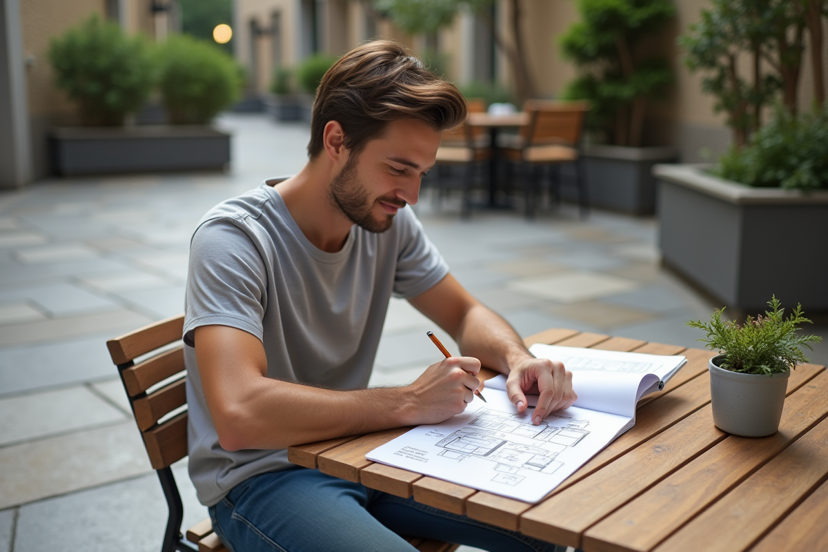 Jeune homme dessinant un projet d