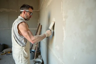 Plâtrier appliquant de l'enduit map sur un mur en béton avec une grande taloche lors d'une rénovation intérieure
