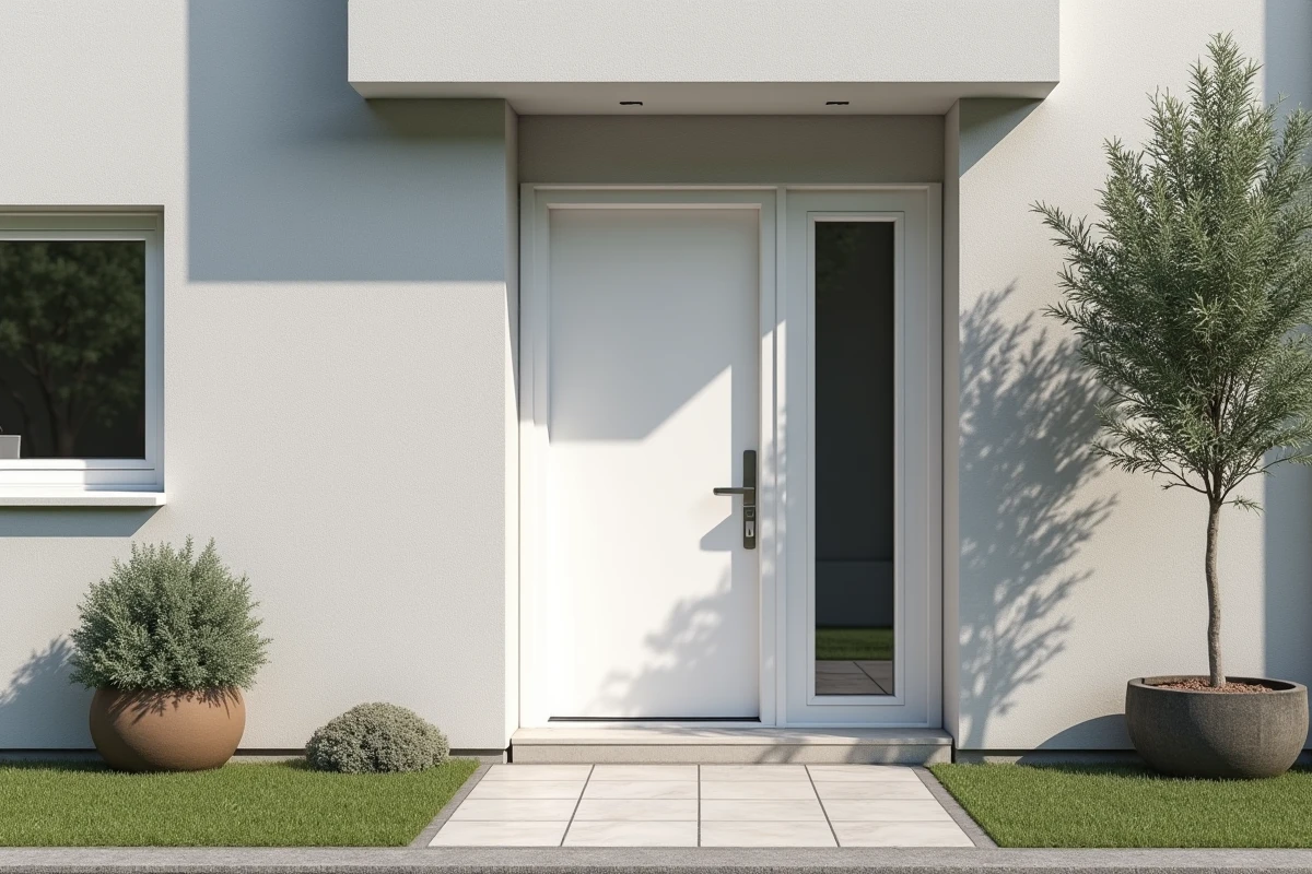 Porte d'entr&eacute;e composite blanche install&eacute;e avec isolation thermique sur fa&ccedil;ade moderne en b&eacute;ton gris