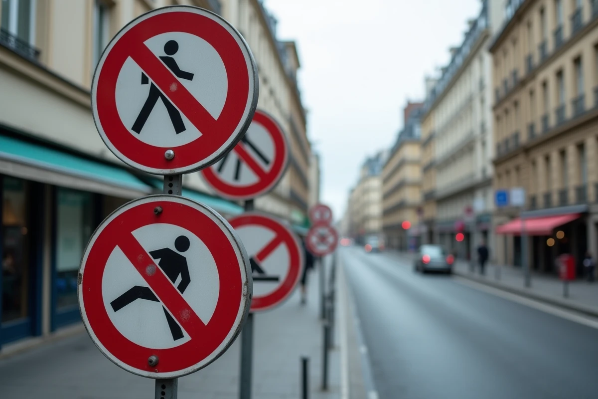 Portique de signalisation routière urbaine avec plusieurs panneaux de fin d'interdiction en France