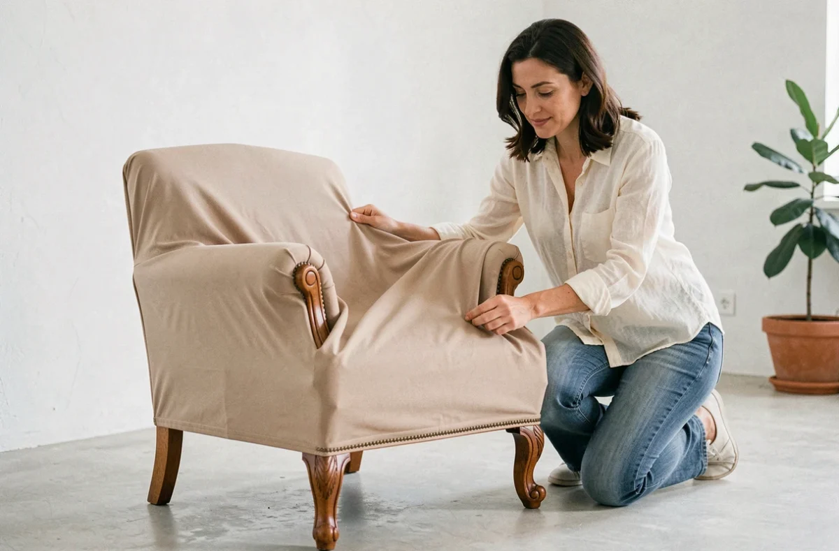 Femme installant une housse extensible sable sur un fauteuil cabriolet aux pieds en bois sculpté dans un intérieur minimaliste