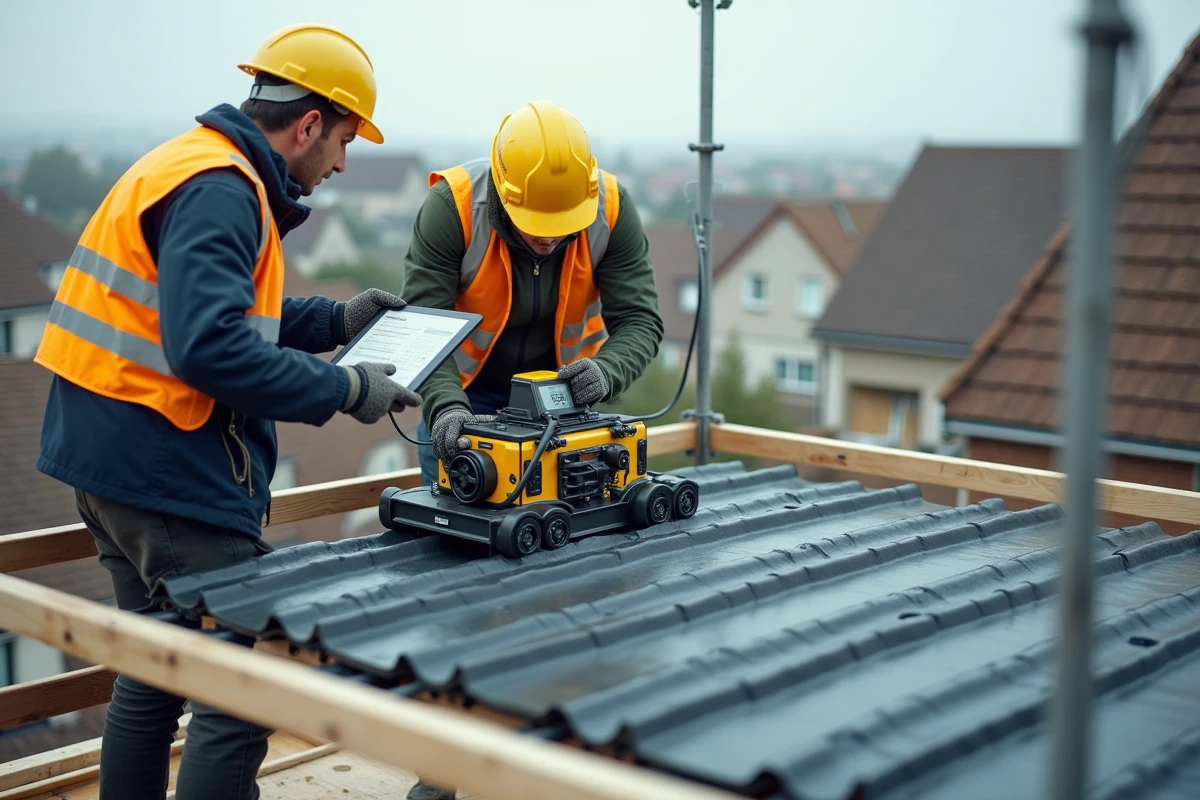 Pose mécanique de tuiles canal sur chantier résidentiel avec machine et ouvriers en équipement de sécurité