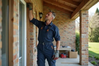 Artisan installant une porte d'entrée en bois avec isolation thermique sur une façade en brique