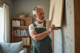 Homme en overalls posant une plaque d'isolation murale