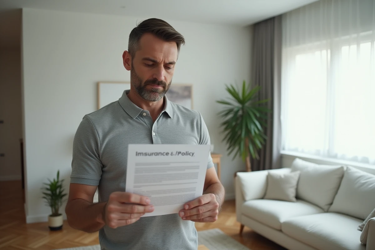 Propriétaire masculin examinant un contrat d'assurance habitation dans un appartement moderne meublé