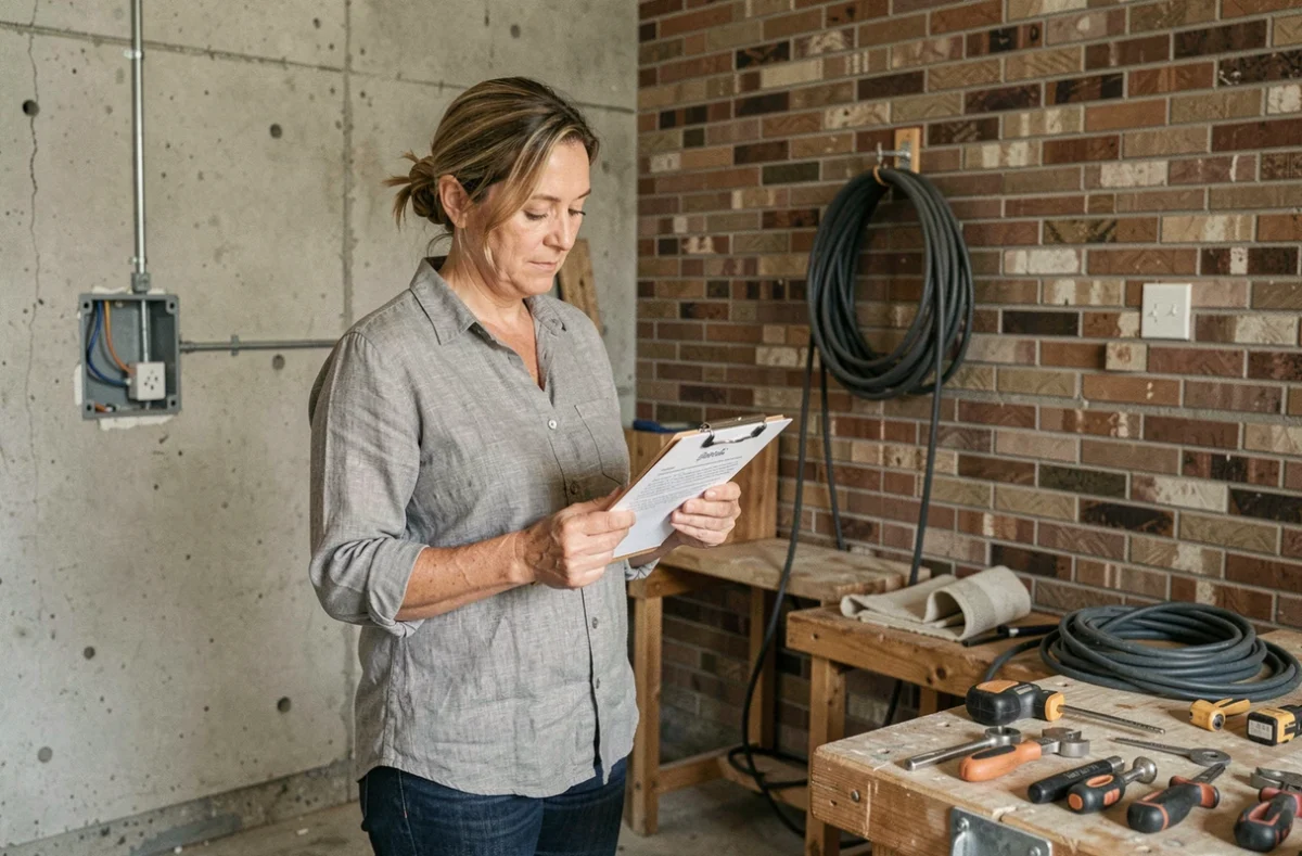 Propriétaire étudiant un devis pour l'installation de prises de courant renforcées dans un garage en rénovation