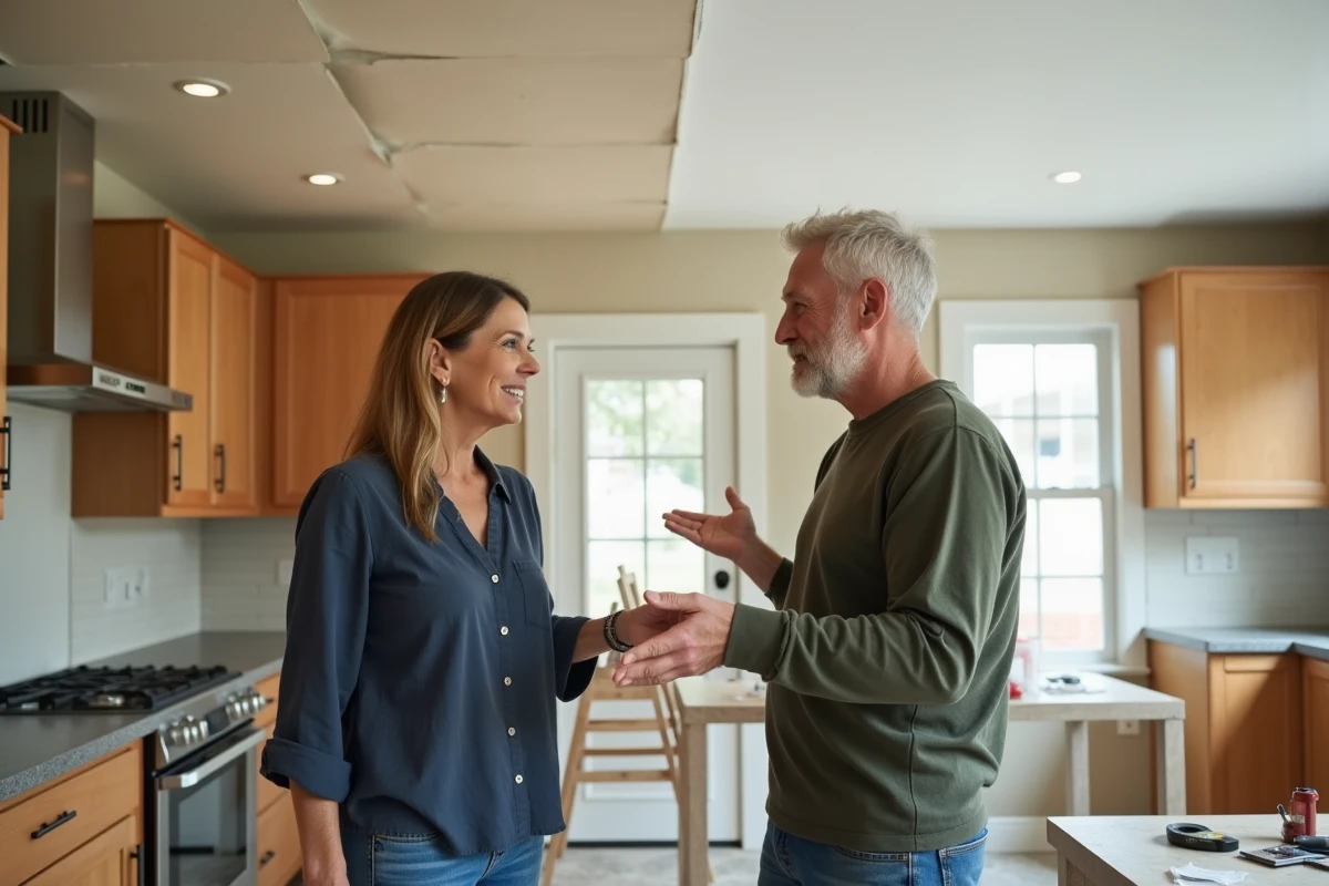 Couple de propriétaires comparant plafond tendu et placo dans leur cuisine en rénovation