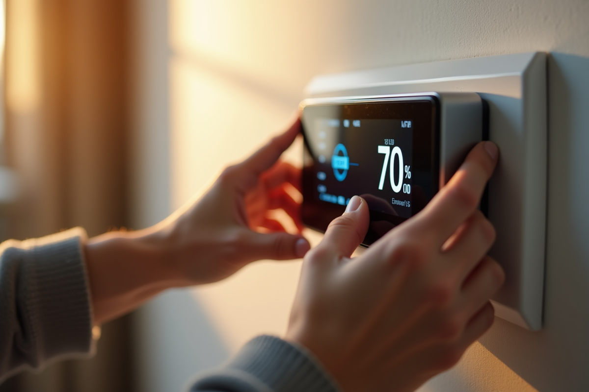 Mains ajustant un thermostat numérique sur un radiateur électrique