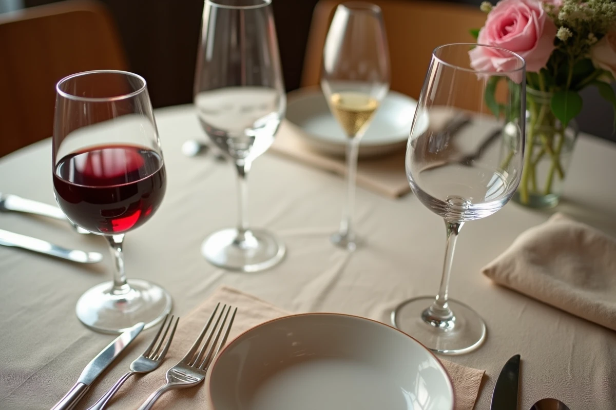 Vue en plongée d'un couvert de buffet avec quatre types de verres différents placés autour d'une assiette sur une nappe en lin beige