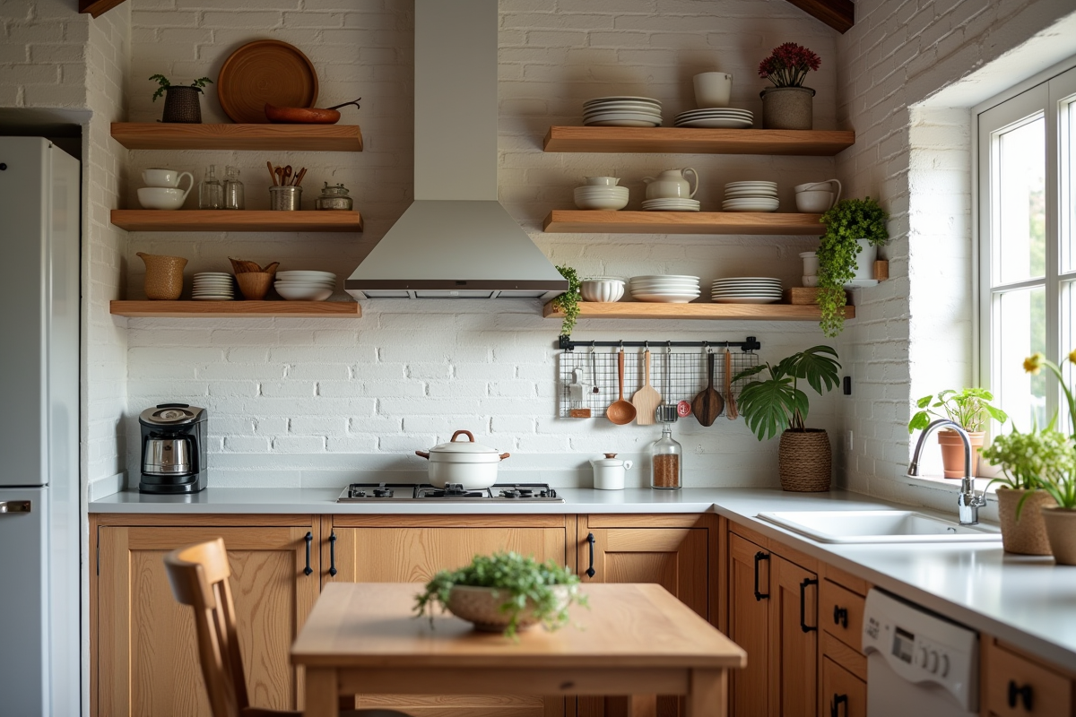 Petite cuisine rustique avec rangement coloré et décoration DIY