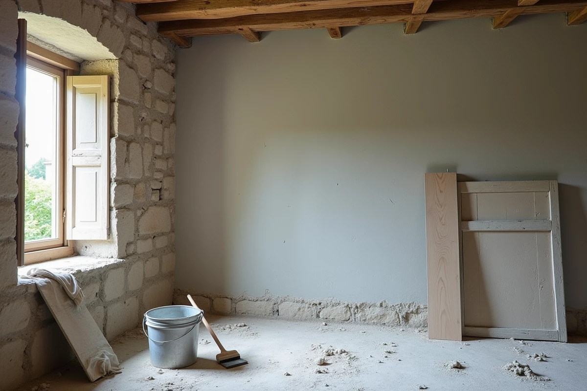 Intérieur d'une vieille maison en pierre en cours de rénovation avec traitement de l'humidité et application d'un enduit minéral respirant