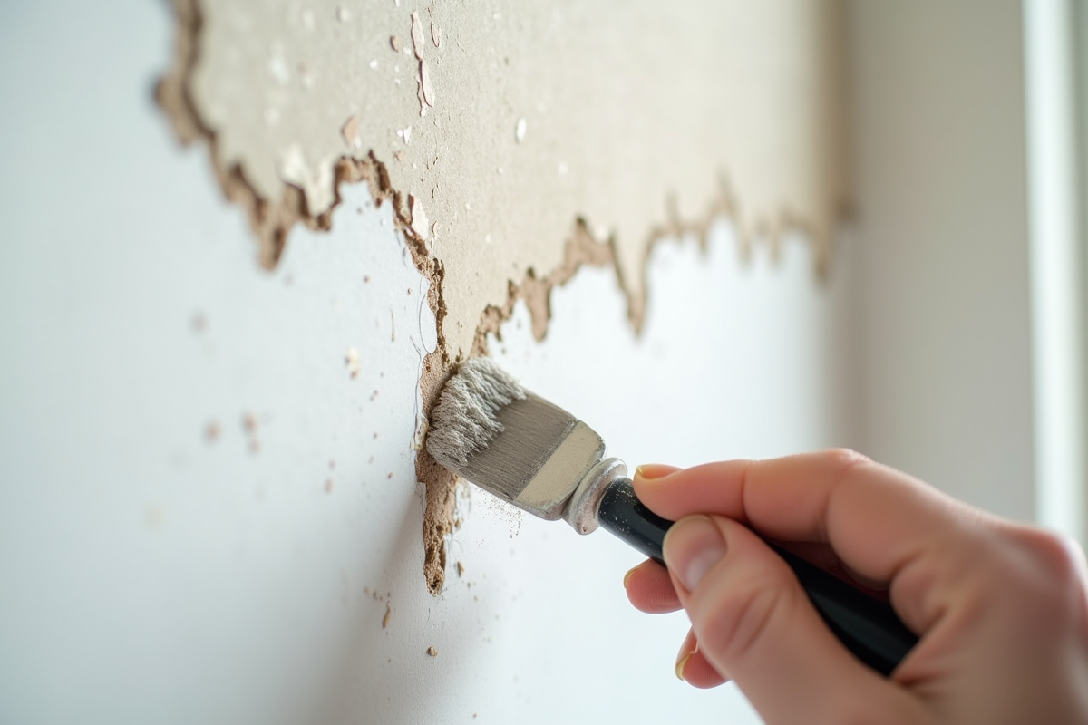 Gros plan d un mur endommagé en cours de réparation avec un couteau à enduire