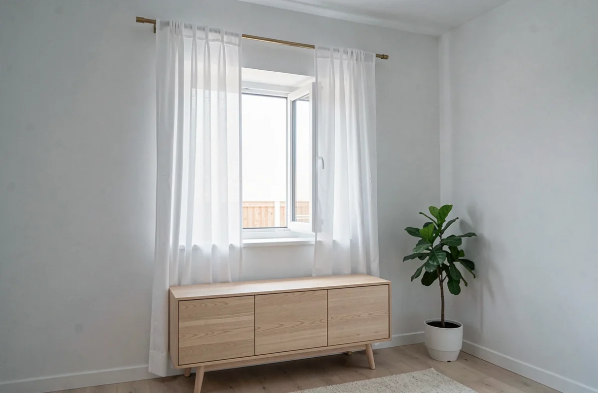 Rideaux blancs minimalistes bien positionnés sur une petite fenêtre carrée dans un salon scandinave pour maximiser l'entrée de lumière