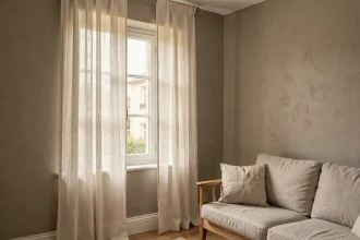 Rideaux en lin ivoire suspendus haut au-dessus d'une petite fenêtre pour créer un effet de hauteur dans un salon français cosy