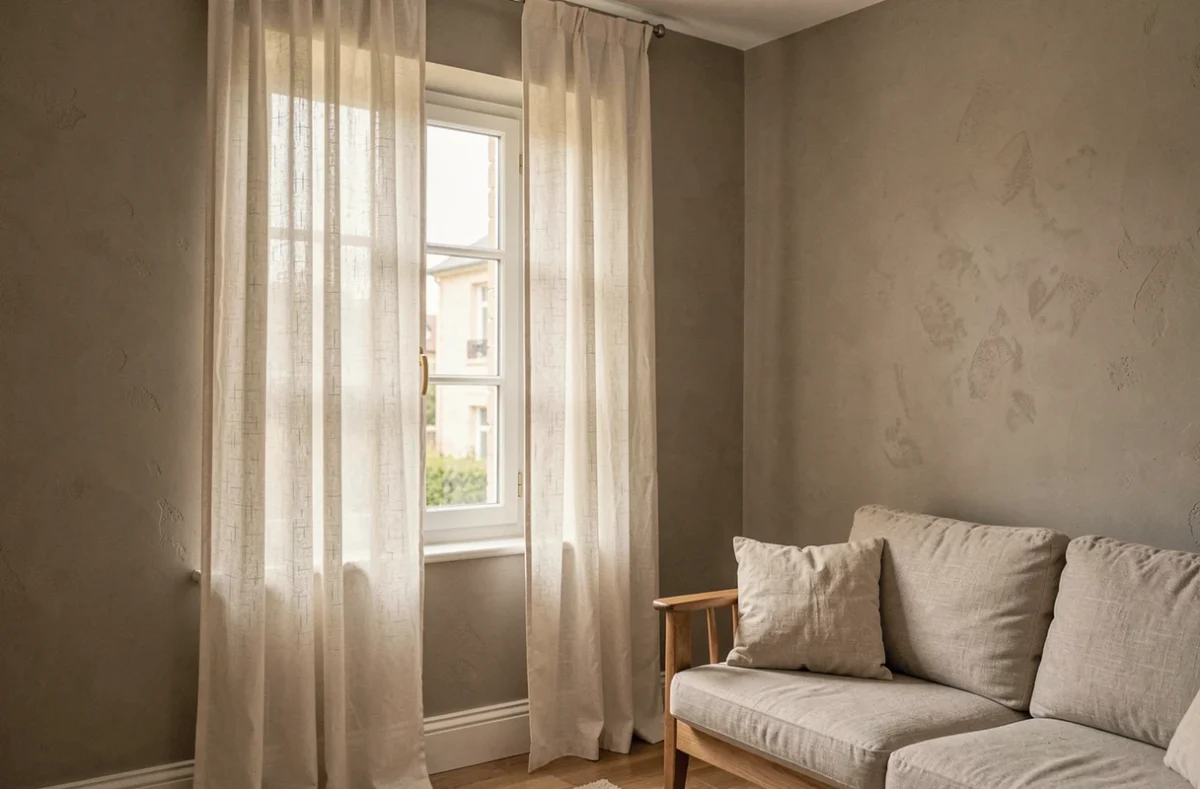 Rideaux en lin ivoire suspendus haut au-dessus d'une petite fenêtre pour créer un effet de hauteur dans un salon français cosy