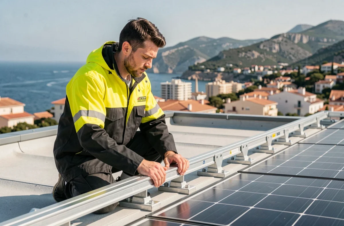 Installateur de Saint Energie fixant des rails de montage solaire sur un toit plat à Saint-Laurent-du-Var