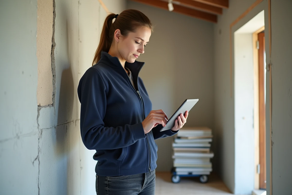 Femme saisissant des données de performance énergétique sur tablette lors d'une rénovation résidentielle