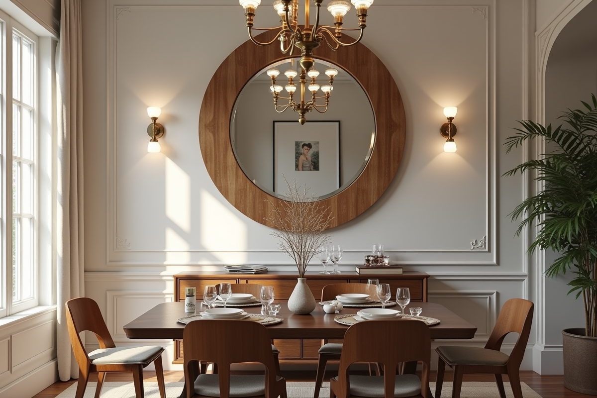 Salle à manger classique avec miroir rond et lumière douce