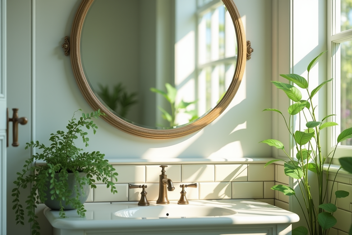 Salle de bain vintage avec miroir rond et plantes vertes