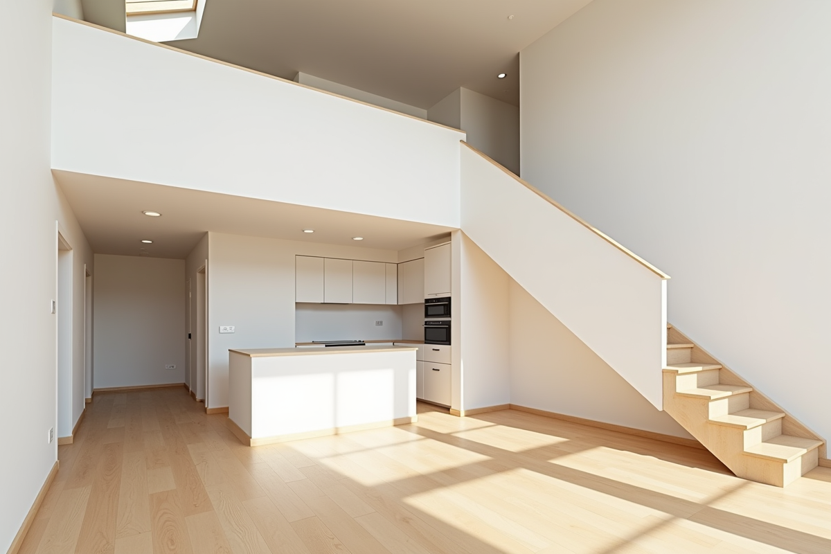 Salon lumineux avec escalier neuf et intérieur moderne