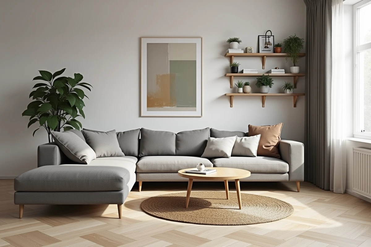 Salon moderne aménagé avec canapé gris, table basse en chêne et étagères décoratives inspiré d'un plan 3D Kazaplan