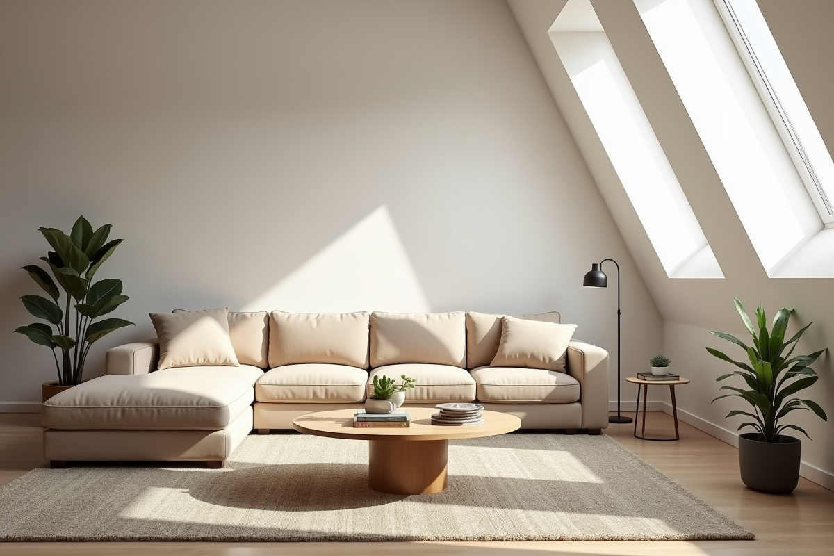 Salon scandinave avec canapé beige et table en bois