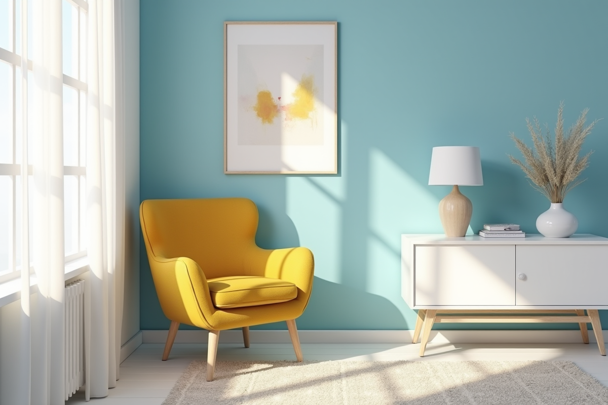 Salon scandinave avec fauteuil jaune et art abstrait
