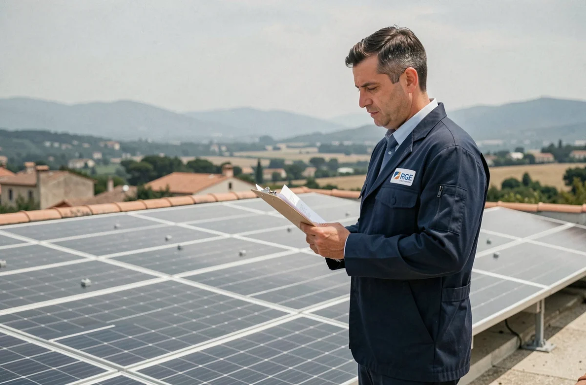 Technicien RGE de SAS Azur Gaz Energy inspectant une installation photovoltaïque sur un toit dans le Var
