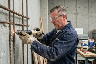 Technicien installant un scellement chimique dans un mur en béton avec cartouche résine et gants de protection