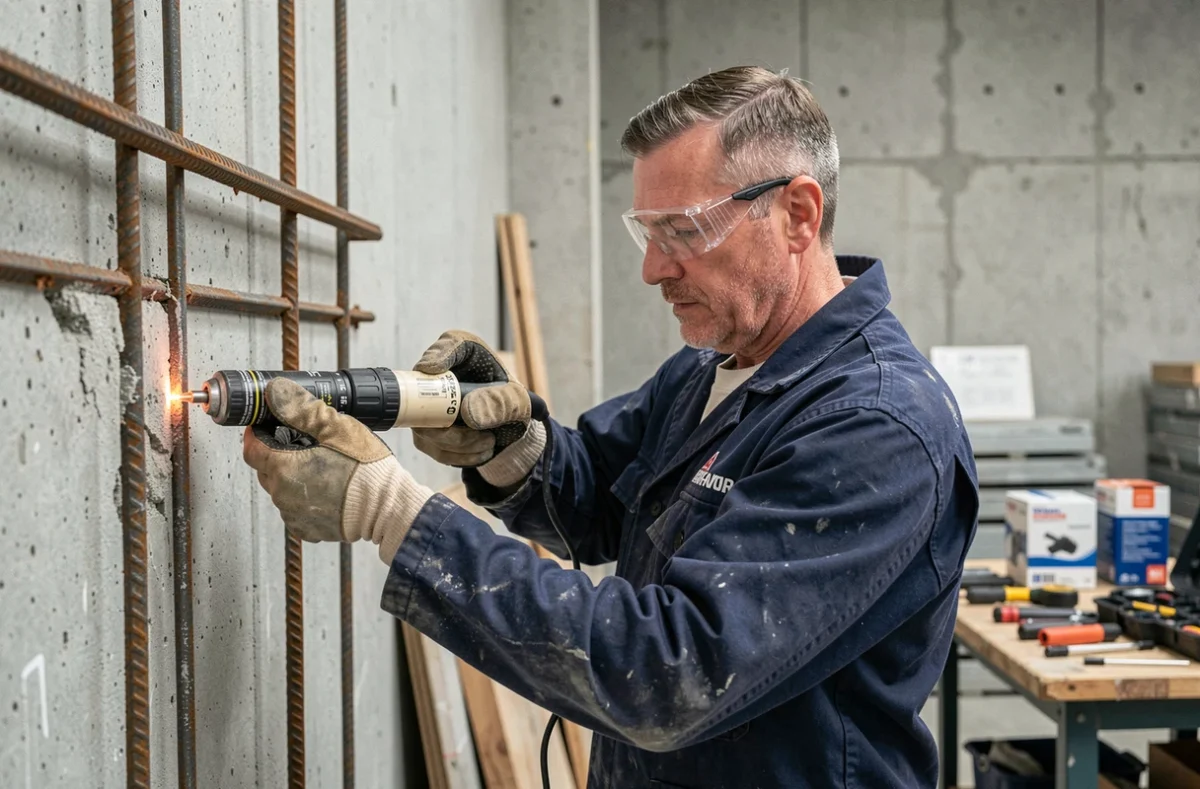 Technicien installant un scellement chimique dans un mur en béton avec cartouche résine et gants de protection