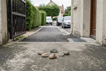 Trois cailloux disposés en triangle sur le seuil d'une maison française, signe discret utilisé par les cambrioleurs pour marquer une cible potentielle