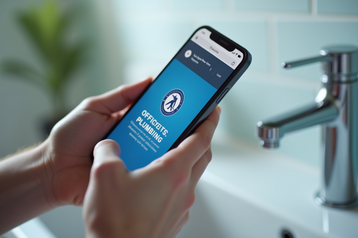 Gros plan sur des mains tenant un smartphone affichant une certification de plombier