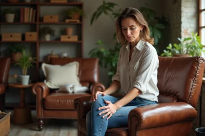 Femme appliquant soin cuir sur un fauteuil en cuir ancien