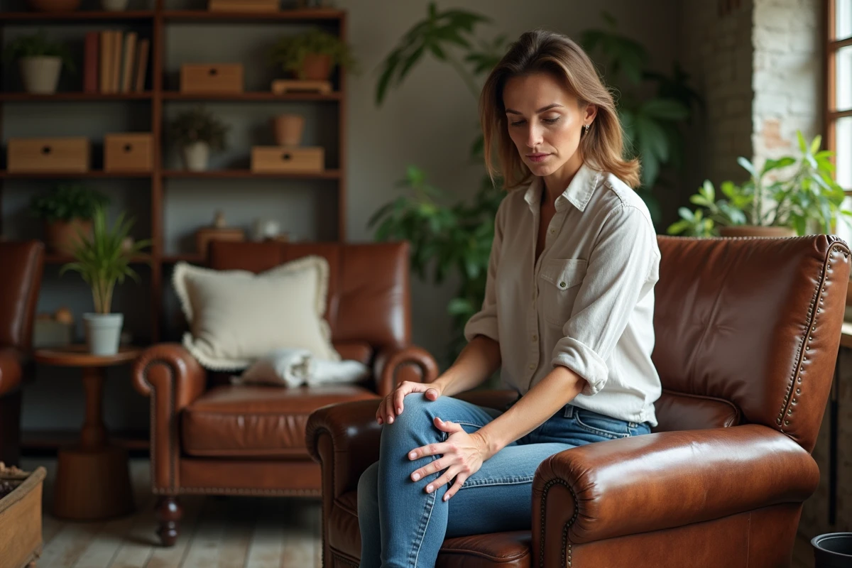 Femme appliquant soin cuir sur un fauteuil en cuir ancien