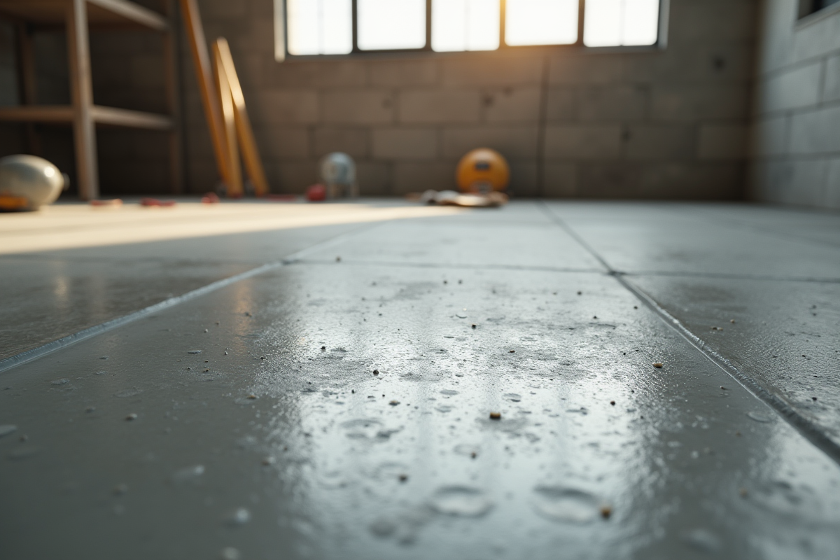 Zoom sur un sol en béton brut dans un loft industriel lumineux
