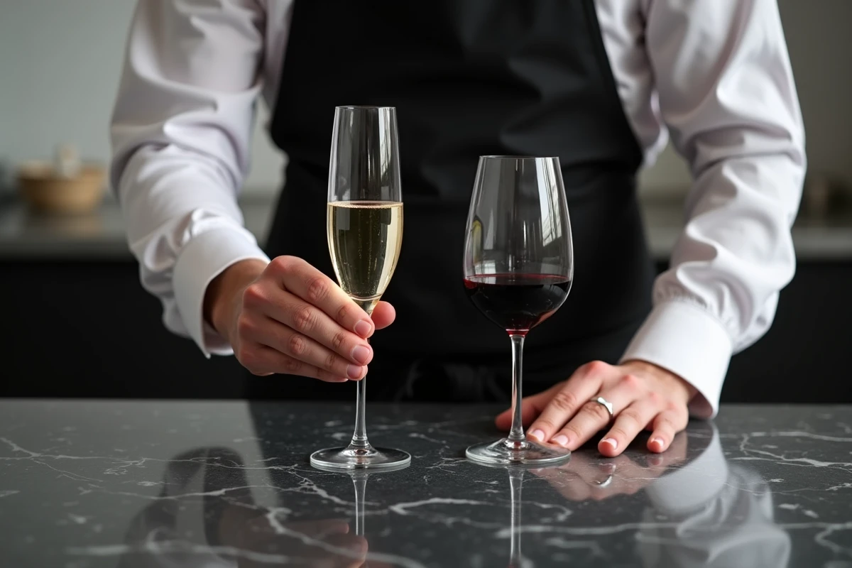 Sommelier positionnant un verre à champagne, un verre à vin rouge et un verre à eau selon le placement diagonal classique sur une table en marbre