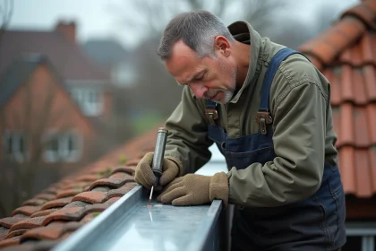 Hommes en salopette soudant une goutti&egrave;re zinc sur un toit r&eacute;sidentiel