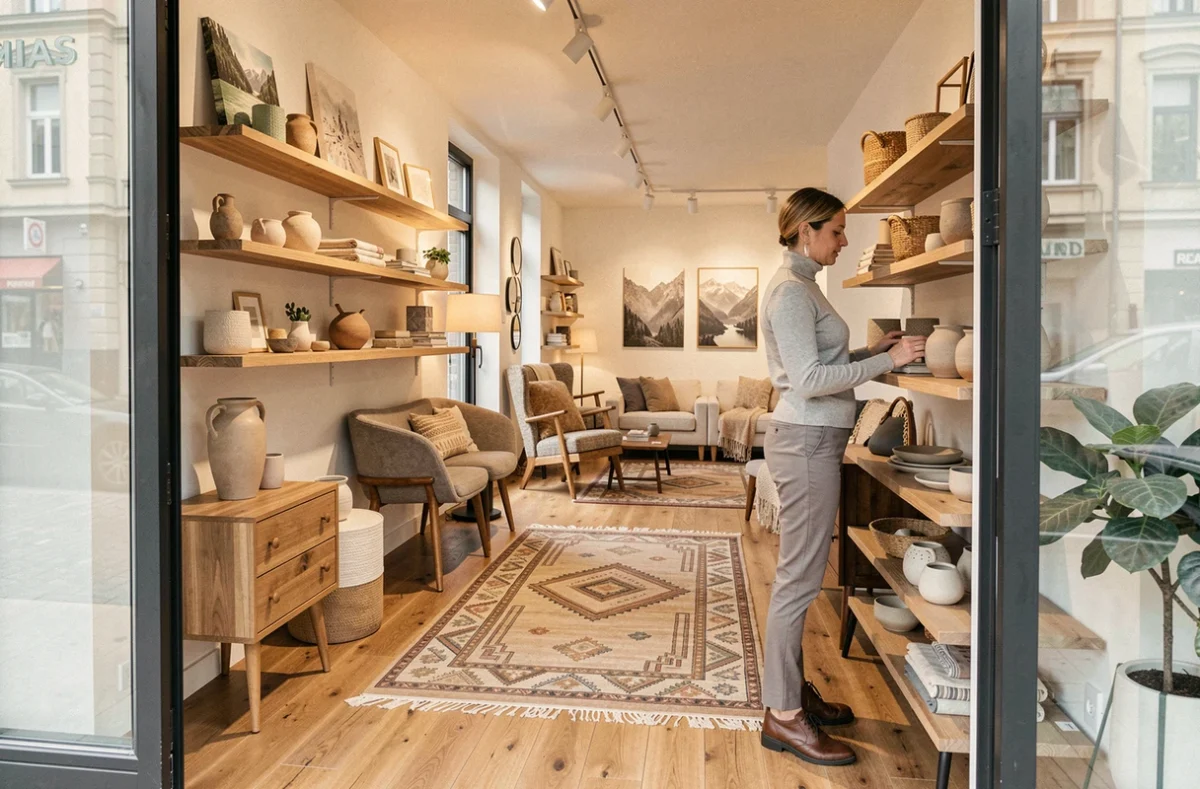 Showroom de St Deco, boutique de décoration intérieure en Haute-Savoie avec mobilier scandinave et accessoires alpins