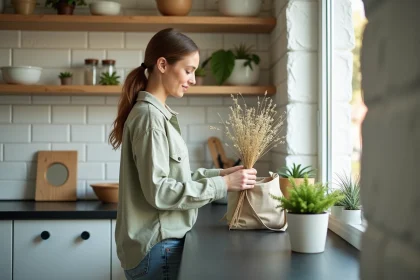Femme aménageant un coin décoration DIY dans une petite cuisine urbaine avec étagères en bois et plantes